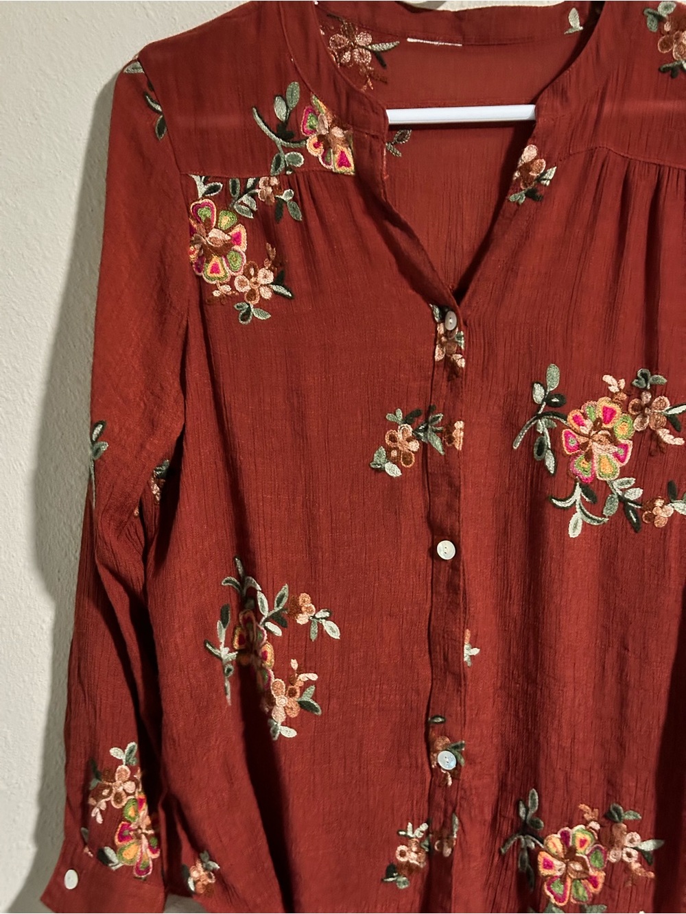 Embroidered Rust Button-Front Women's Shirt